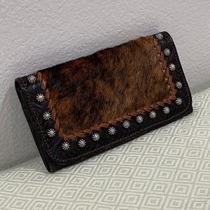 American West Genuine Leather Animal Hair Studded Tri-fold wallet